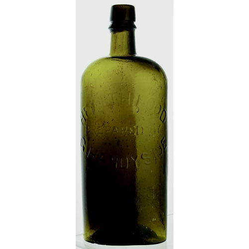 109 - HANDYSIDES HEALTH FOOD BOTTLE. 10.25ins tall. Olive green glass, embossed HEALTH FOOD/ PREPARED BY/ ... 