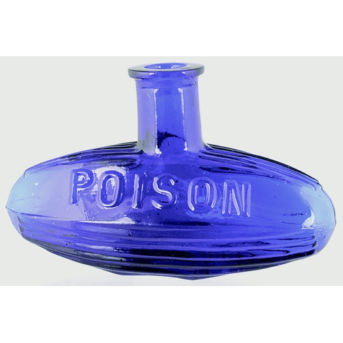 98 - SUBMARINE POISON BOTTLE. (DP pg 24) 2.5ins tall, 4ins long, cobalt blue glass, embossed POISON to fr... 