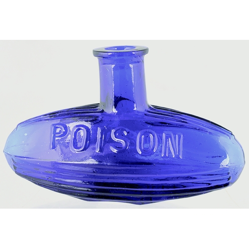 98 - SUBMARINE POISON BOTTLE. (DP pg 24) 2.5ins tall, 4ins long, cobalt blue glass, embossed POISON to fr... 