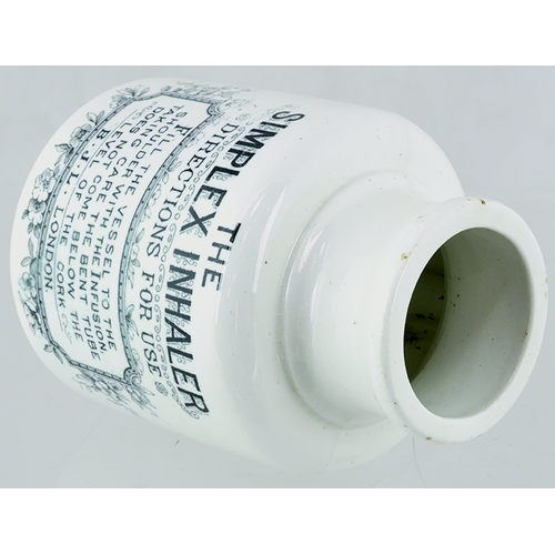 112 - THE SIMPLEX INHALER. 5ins tall. White glaze, decorative front transfer in black THE/ SIMPLEX INHALER... 