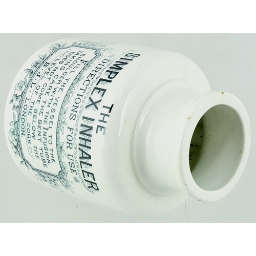 112 - THE SIMPLEX INHALER. 5ins tall. White glaze, decorative front transfer in black THE/ SIMPLEX INHALER... 