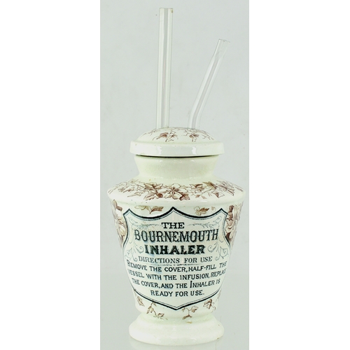 113 - THE BOURNEMOUTH INHALER. 6ins tall to lid top, two inhilation tubes. Off white glaze, brown/ sepia f... 