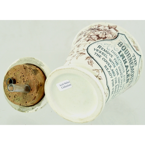 113 - THE BOURNEMOUTH INHALER. 6ins tall to lid top, two inhilation tubes. Off white glaze, brown/ sepia f... 