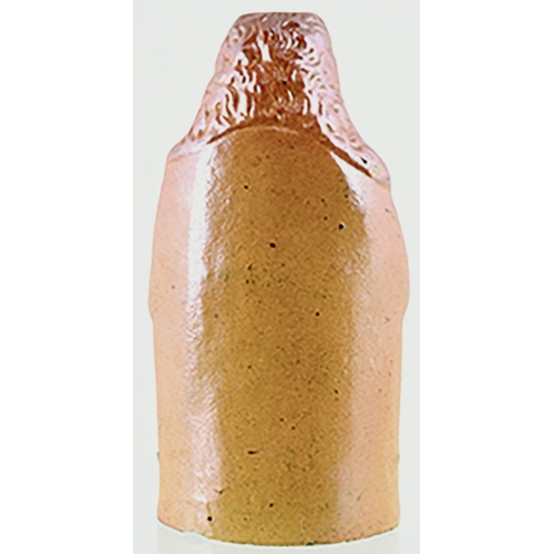 119 - LORD BROUGHAM REFORM FLASK. 6.5ins tall. Tan salt glaze flask form as Lord Brougham with scroll in h... 