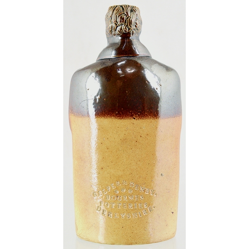 120 - LORD JOHN RUSSELL REFORM FLASK. 7.25ins tall. Shiny variating tan salt glaze flask in shape of Lord ... 