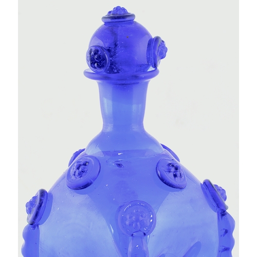 127 - PINCH WAISTED FLASK. 10.25ins tall to top of freeblown stopper. Bright cobalt blue glass, side rigar... 