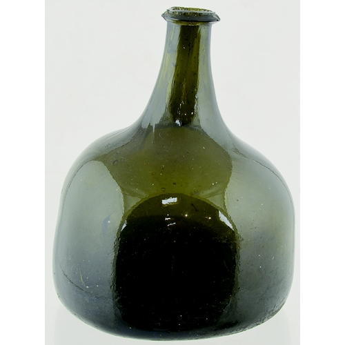 132 - TRANSITIONAL MALLET BOTTLE. 6.4ins tall, thin edged strim rim (minor nibbles), wonderful crude base ... 