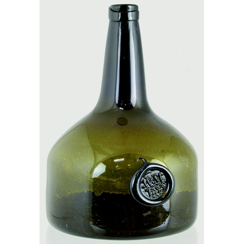 141 - DATED 1733 SEALED MALLET WINE BOTTLE. 9ins tall. Dark olive green glass, unusual long neck, sloping ... 