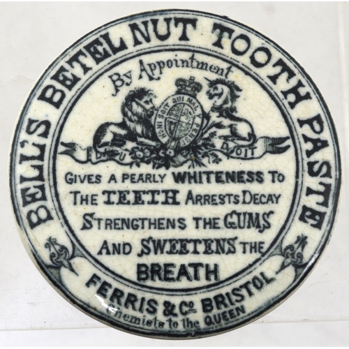 22 - BRISTOL BELLS BETEL NUT TOOTH PASTE POT LID. 2.25ins diam. Strong black transfer BELLS BETEL NUT TOO... 