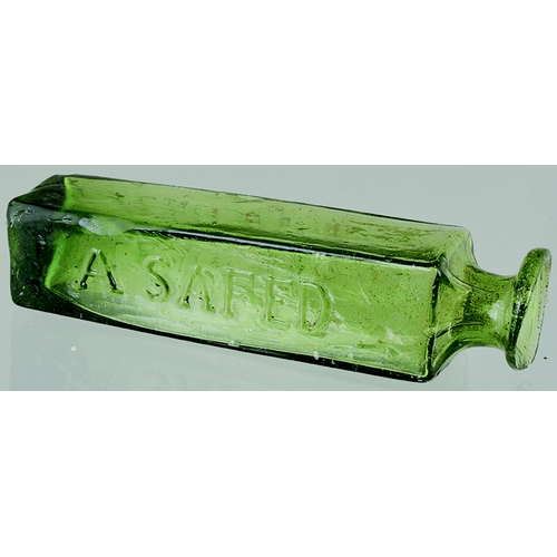 106 - A SAFED JERUSALEM. 3.75ins tall, early medicine (?), mid olive green glass. Square section short nec... 