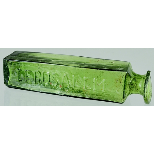 106 - A SAFED JERUSALEM. 3.75ins tall, early medicine (?), mid olive green glass. Square section short nec... 