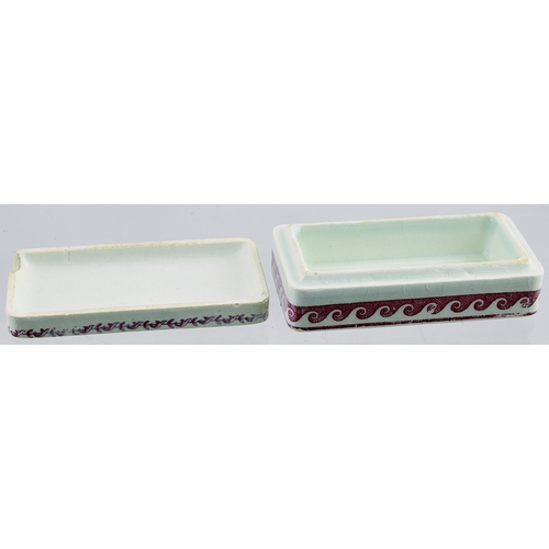 519 - FRENCH DENTIFRICE POT LID & BASE. 3.25 by 1.75ins. Rectangualr shape pot lid & base, off white glaze... 