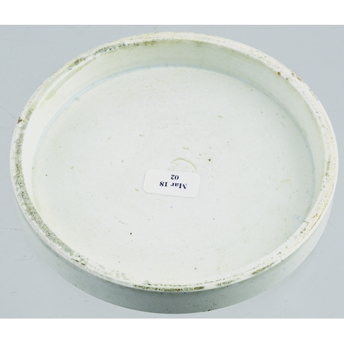 524 - POTTED TONGUE POT LID. (APL p 136, 105) 4ins diam. White glaze, black transfer POTTED/ TONGUE & pict... 