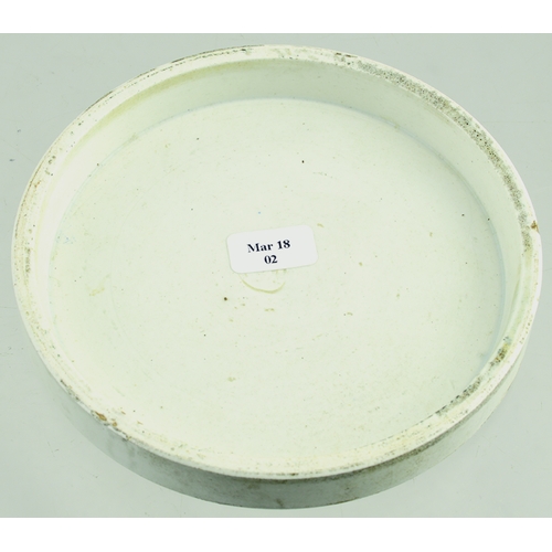 524 - POTTED TONGUE POT LID. (APL p 136, 105) 4ins diam. White glaze, black transfer POTTED/ TONGUE & pict... 