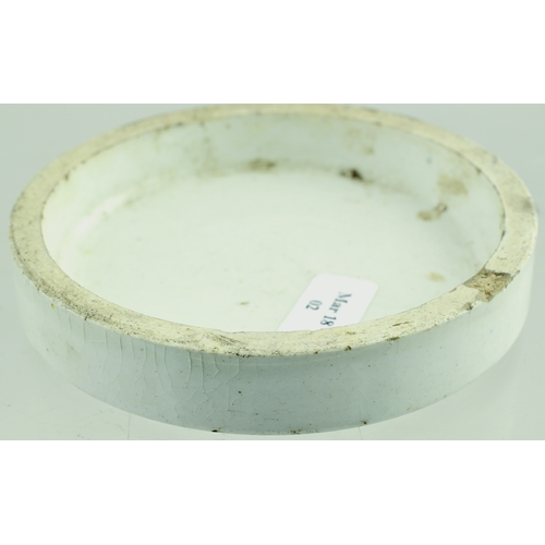 527 - SALFORD POT LID. (APL p 429, 85) 3ins diam. White glaze, strong black transfer for MESSRS OCLEE/ DEN... 