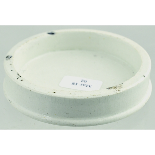 528 - LIVERPOOL & ROCHDALE OINTMENT POT LID. (APL p 444, 29a) 2.5ins diam. Off white glaze, brown transfer... 