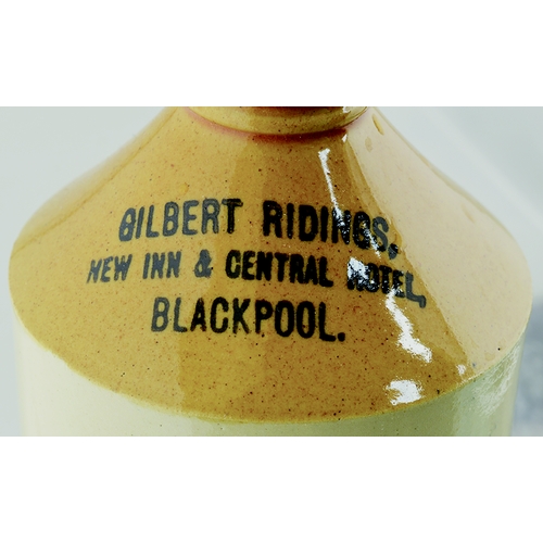 550 - BLACKPOOL HALF PINT FLAGON. 5.5ins tall. T.t, rear handle, black transfer GILBERT RIDINGS/ NEW INN &... 