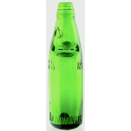 559 - ALNWICK GREEN CODD BOTTLE. 9.5ins tall. Bright green glass codd. Embossed as previous lot - this a b... 