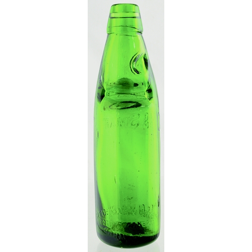 559 - ALNWICK GREEN CODD BOTTLE. 9.5ins tall. Bright green glass codd. Embossed as previous lot - this a b... 