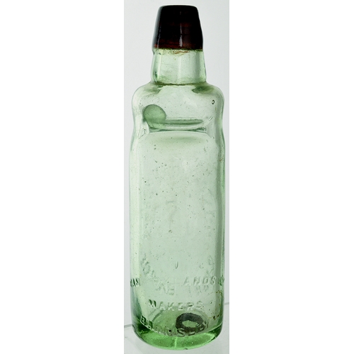 562 - BULB NECK PATENT CODD BOTTLE. 9ins tall. Aqua glass, dark amber lip (). Embossed J. TRENTHAM & SON/ ... 