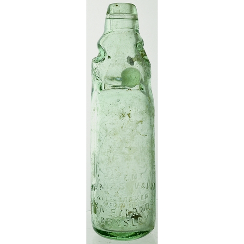 565 - DEVON & SOMERSET VALVE PATENT CODD BOTTLE. 9ins tall. Aqua glass. Embossed ROSS & COMPANY LIMITED/ W... 