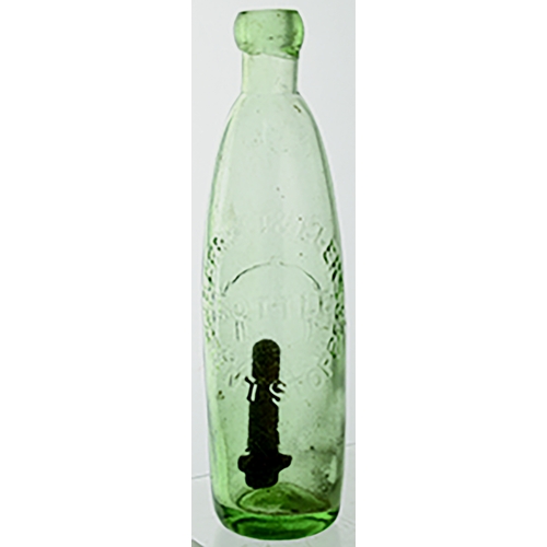 566 - ROCHDALE BARRETT & ELERS PATENT BOTTLE. 9.25ins tall. Aqua glass, wooden stopper. Embossed ROCHDALE/... 