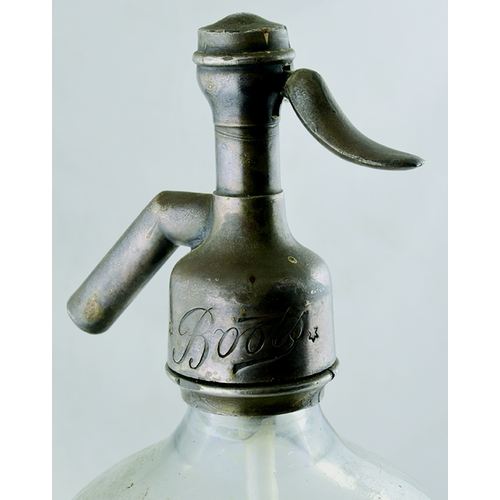 574 - BOOTS CHEMIST SODA SYPHON. 12ins tall to impressed trigger top. Clear glass, smooth body, acid etche... 