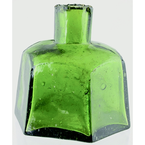 586 - SIX SIDED INK. 2ins tall. Wonderful bright green glass, sheared lip. One panel embossed FM/ & CO. Co... 