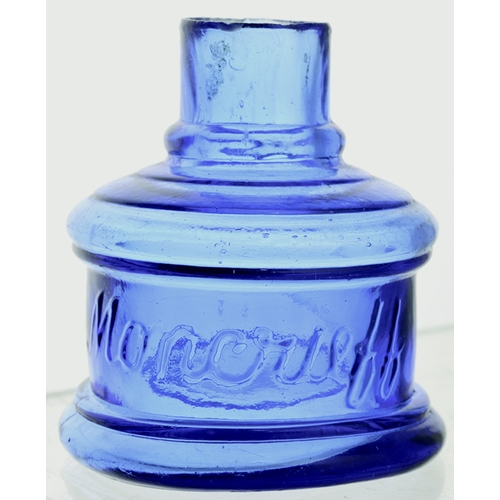 588 - MONCRIEFF INK. 2.75ins tall. Cobalt glass, circular shape ink, sheared lip, front embossed MONCRIEFF... 