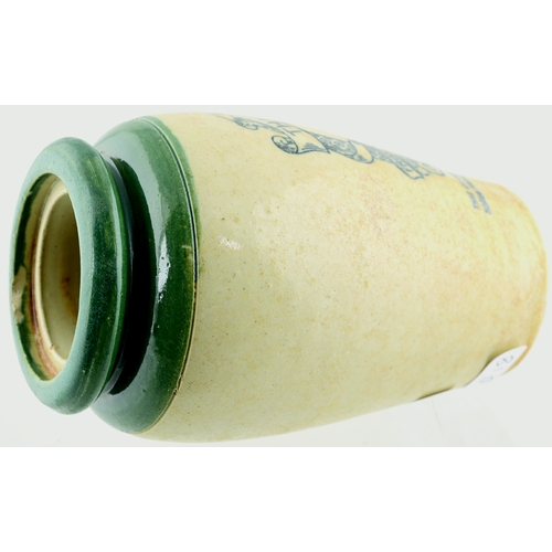 592 - GLASGOW CREAM POT. 4.5ins tall. Main body cream glaze, strong green top, crisp black quite transfer ... 