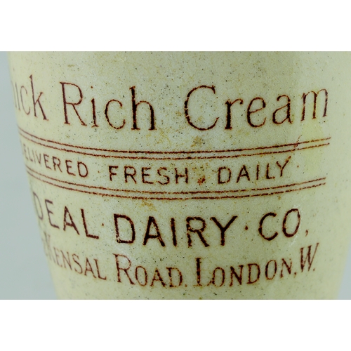 604 - IDEAL DAIRY CREAM POT. 4ins tall. Lower off white glaze, tan top & transfer THICK RICH CREAM/.../ ID... 