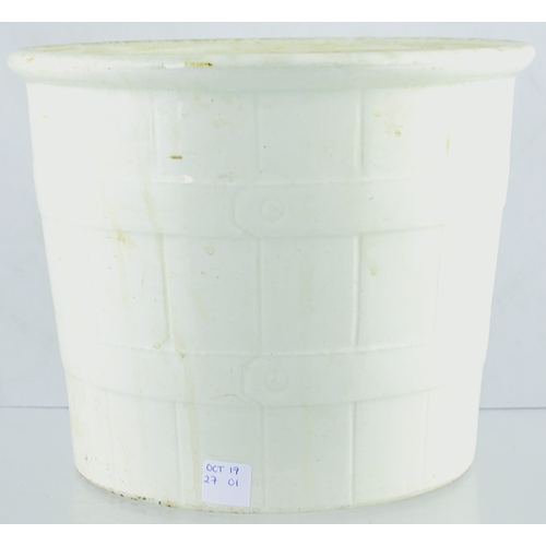 609 - COOPER & COS BUTTERCROCK. 8ins tall. All white glaze, metal like straps simulate wooden pail, black ... 