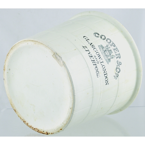 609 - COOPER & COS BUTTERCROCK. 8ins tall. All white glaze, metal like straps simulate wooden pail, black ... 