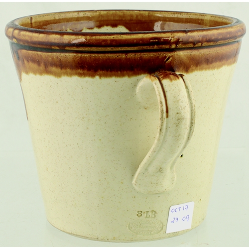 610 - DAINISH DAIRY BUTTER-CROCK. 5.75ins tall. Crude tan top, lower off white glaze, rear handle, black t... 