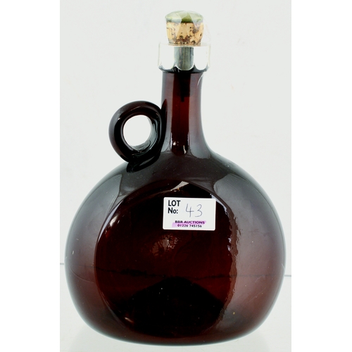 43 - WHISKY DECANTER. 8ins tall to top of cork stopper, flattened shape, rear handle & metal lip cap