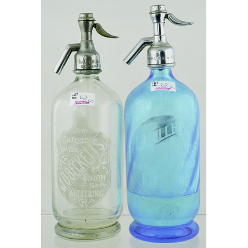 62 - KETTERING SODA SYPHON DUO. 11.75ins tall to top of trigger. Clear glass etched  JD BECKETTS & blue g... 