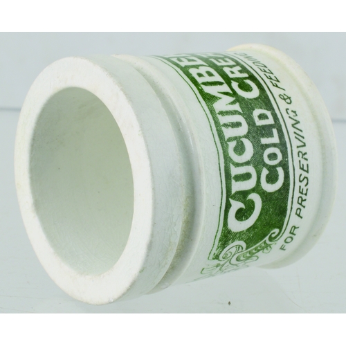 114 - CUCUMBER COLD CREAM POT. 2ins tall. White glaze, green transfer CUCUMBER/ COLD CREAM....Very good (G... 