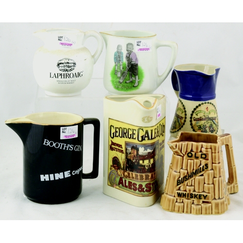 126 - PUB JUG GRP. Tallest 7ins. Various shapes, colours & brands inc: Booths Gin, Old Bushmills Whisky, T... 