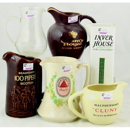 127 - PUB JUG GRP. Tallest 7ins. Various shapes, colours & brands inc: Inverhouse, Macpherson Cluny, Bass ... 