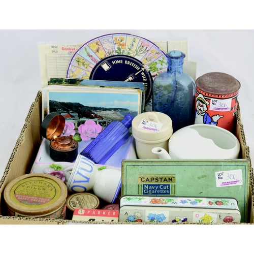 306 - MIXED BOX! Tallest 6ins, postcards, tins, advertising boxes, baby feeder, boxed ink, Yardley soap di... 