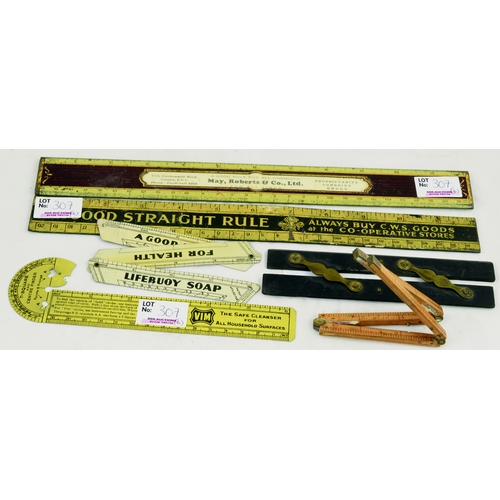 307 - ADVERTISING RULERS. Longest 12ins, May Roberts, Co-operative Stores, Lifebuoy Soap, Vim plus two pla... 