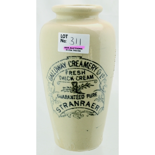 311 - STRANRAER CREAM POT. 6ins tall, black transfer, GALLOWAY CREAMERY CO LD/ FRESH/ THICK CREAM/ GUARANT... 