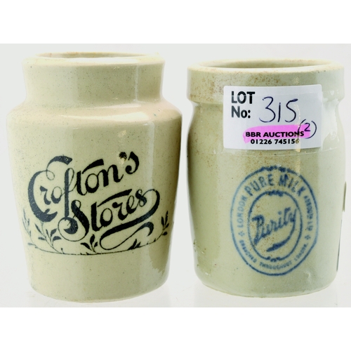 315 - CREAM POT DUO. Tallest 3ins, one black transfer, fancy lettering CROFTONS STORES, blue transfer PURE... 