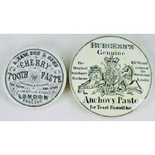 411 - POT LID & BASE DUO. 3.75ins diam, black transfer, S. MAW, SON & SONS/ CHERRY/ TOOTH PASTE/ LONDON (b... 