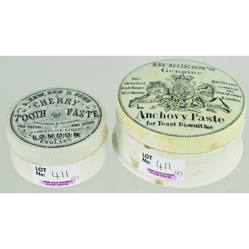 411 - POT LID & BASE DUO. 3.75ins diam, black transfer, S. MAW, SON & SONS/ CHERRY/ TOOTH PASTE/ LONDON (b... 