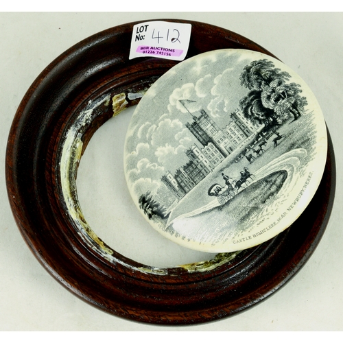 412 - BERKSHIRE FRAMED POT LID. 4ins diam (lid) black transfer, CASTLE HIGHCLERE, NEAR NEWBURY, BERKS. Cas... 