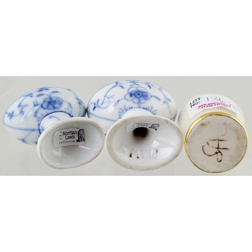 136 - EYEBATHS GRP. Some freeblown examples, 3 ceramic, 2 with blue & white design. Plus bottle of Optrex ... 