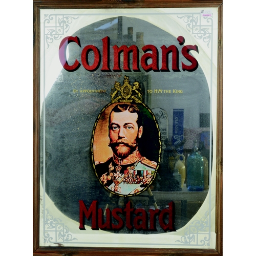 142 - COLMANS MUSTARD MIRROR. 30 x 23ins, framed. COLMANS/ MUSTARD, central pict. image of King, Art Deco ... 