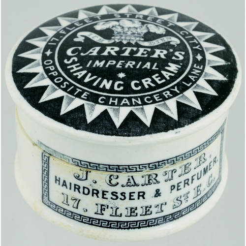 524 - CARTERS SHAVING CREAM POT LID & BASE. (APL p 272, 6a) 3ins diam. Strong black transfer decorative su... 