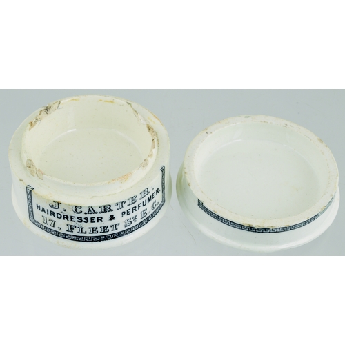 524 - CARTERS SHAVING CREAM POT LID & BASE. (APL p 272, 6a) 3ins diam. Strong black transfer decorative su... 